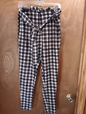 SHEIN Brown & Cream Plaid Tie-Waist Paperbag Skinny Pants